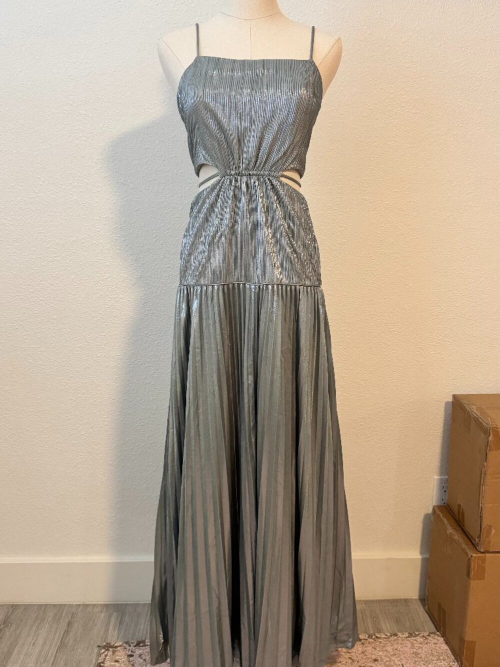 Jonathan Simkhai Silver Pleated Cutout Maxi Dress Sz2